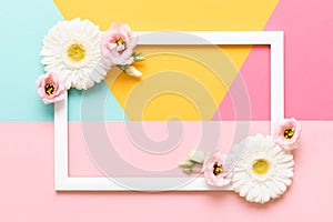 Happy Mother`s Day, Women`s Day, Valentine`s Day or Birthday Pastel Colored Background. Flat lay mock up greeting card.