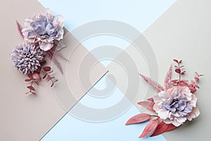 Happy Mother`s Day, Women`s Day, Valentine`s Day or Birthday Pastel Colored Background. Floral flat lay.