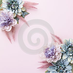 Happy Mother`s Day, Women`s Day, Valentine`s Day or Birthday Pastel Colored Background. Floral flat lay greeting card.