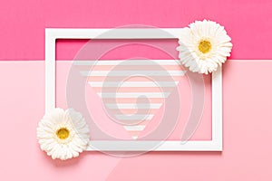 Happy Mother`s Day, Women`s Day, Valentine`s Day or Birthday Pastel Pink Background. Flat lay mock up greeting card with flowers.