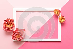 Happy Mother`s Day, Women`s Day, Valentine`s Day or Birthday Pastel Pink Colored Background. Floral flat lay mock up greeting card