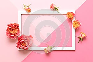 Happy Mother`s Day, Women`s Day, Valentine`s Day or Birthday Pink Pastel Colored Background. Flat lay mock up greeting card.