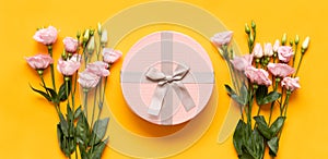 Happy Mother`s Day, Women`s Day, Valentine`s Day or Birthday Yellow and Pastel Pink Colored Banner. Flat lay greeting card.