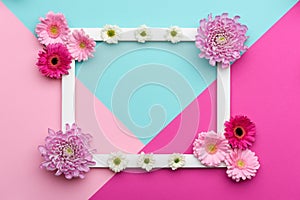 Happy Mother`s Day, Women`s Day, Valentin`s Day or Birthday Pastel Candy Colours Background. Floral flat lay greeting card.