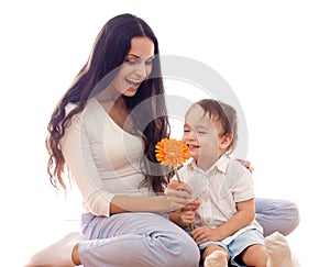 Happy mother and son with flower together isolated
