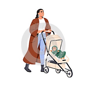 Happy mother walking with baby sleeping in pram. Smiling mom strolling with infant in stroller, pushchair. Mum and