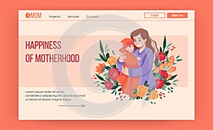 Happy mother website. Young mom hugs daughter. Parent love concept, women and little girl, motherhood banner. Cartoon