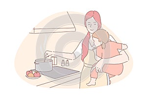 Happy motherhood, babysitting, housework concept