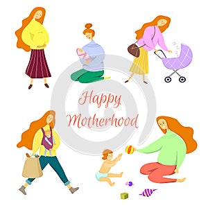 Happy motherhood concept. Everyday situations from the life of young moms