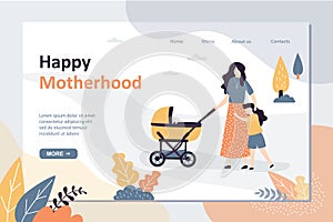 Happy motherhood landing page template. Mother spends time with daughter and newborn baby