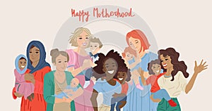 Happy motherhood. Various group of moms carrying their babies. Vector illustration photo