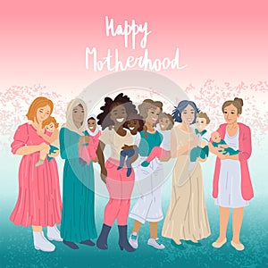 Happy motherhood. Various group of moms with kids. Vector illustration