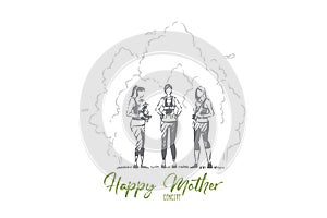 Happy mothers with children in park, young women with baby carriers, kangaroo bags, maternity leave