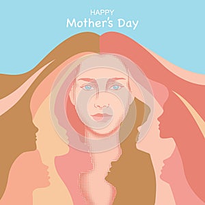 Happy Mothers Day abstract illustration with woman head and hair with children