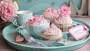 Happy Mothers Day aqua blue vintage retro shabby chic tray with pink cupcake close up