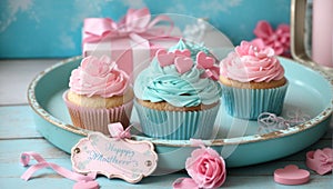 Happy Mothers Day aqua blue vintage retro shabby chic tray with pink cupcake close up