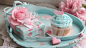 Happy Mothers Day aqua blue vintage retro shabby chic tray with pink cupcake close up