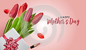 Happy Mothers Day Background with Realistic Tulip flowers and gift box. Vector Illustration