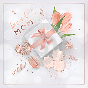 Happy Mothers Day Banner with Flowers. Mother Day Design with Golden Glitter Elements, Gift Box for Greeting Card, Flyer