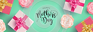 Happy Mothers Day banner of gifts and flowers