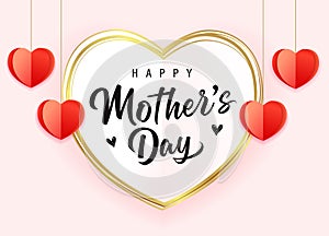 Happy Mothers Day banner with golden heart frame and origami hearts