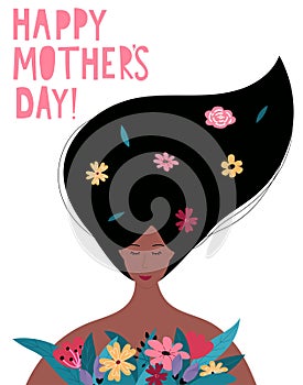 Happy Mothers day banner or greeting card template with beautiful woman holding flowers in cartoon style. Mother`s Day typography