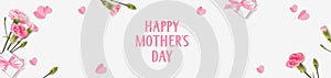 Happy Mothers day banner. Holiday design template with realistic pink carnation flowers, gift boxes and paper hearts.