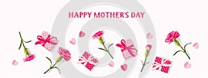 Happy Mothers day banner. Holiday design template with realistic pink carnation flowers, gift boxes and paper hearts.