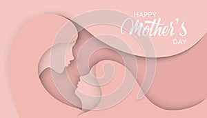 Happy Mothers Day banner. Paper art background with Mother silhouette and her child