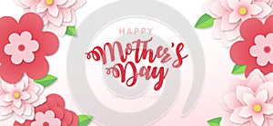 happy mothers day banner with papercut spring flowers background