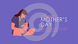 happy mothers day banner template with mom holding baby illustration