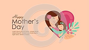 happy mothers day banner template with mom hugging her daughter illustration