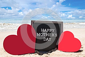 Happy Mothers day beach background with black board and heart