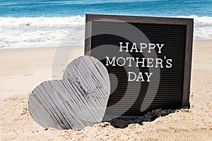 Happy Mothers day beach background with black board and heart