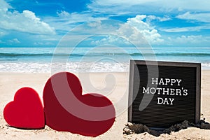 Happy Mothers day beach background with black board and heart