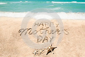 Happy Mothers day beach background with handwritten lettering