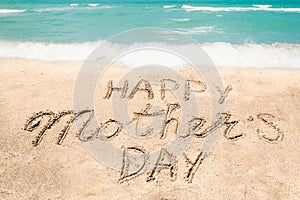 Happy Mothers day beach background with handwritten lettering