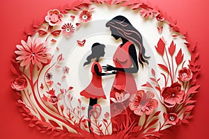 Happy Mothers day. Beautiful mother with child in blooming flowers paper cut out greeting card. Modern colorful floral card