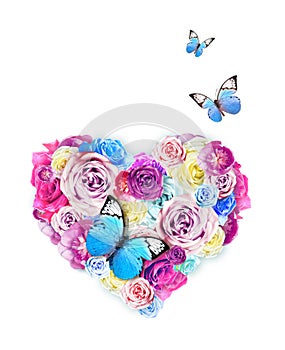 happy mothers day. bouquet of colorful assorted roses in heart shape on white background and butterfly