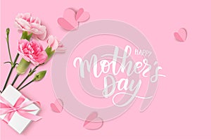 Happy Mothers day. Calligraphic greeting text. Holiday design template with realistic pink carnation flowers.