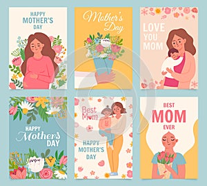 Happy mothers day card. Best mom ever, flower bouquet gift for mother, woman hug baby and daughter. Mothers and children
