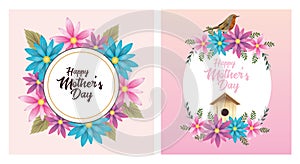 Happy mothers day card with bird and housebird floral frame