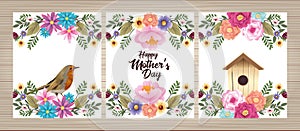 Happy mothers day card with bird and housebird floral frame