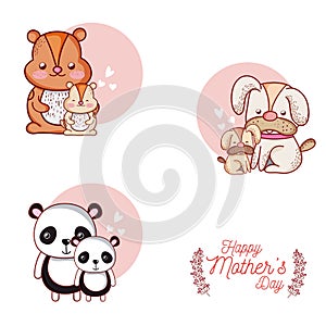 Happy mothers day card with cute animals cartoons