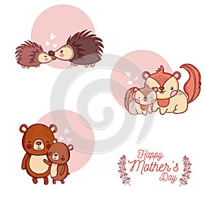 Happy mothers day card with cute animals cartoons