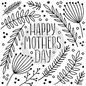 Happy Mothers Day card with floral elements. Hand drawn doodle vector outline