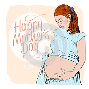 Happy mothers day card with graphic portrait of a pregnant woman.