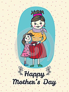 Happy Mothers day card with mum and daughter