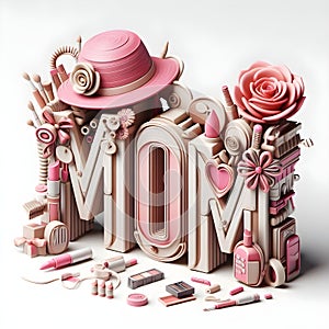 Happy Mothers Day card with a pink roses including make up, beauty products and women accessories.