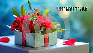Happy Mothers Day card. Red flowers in gift box on blue background